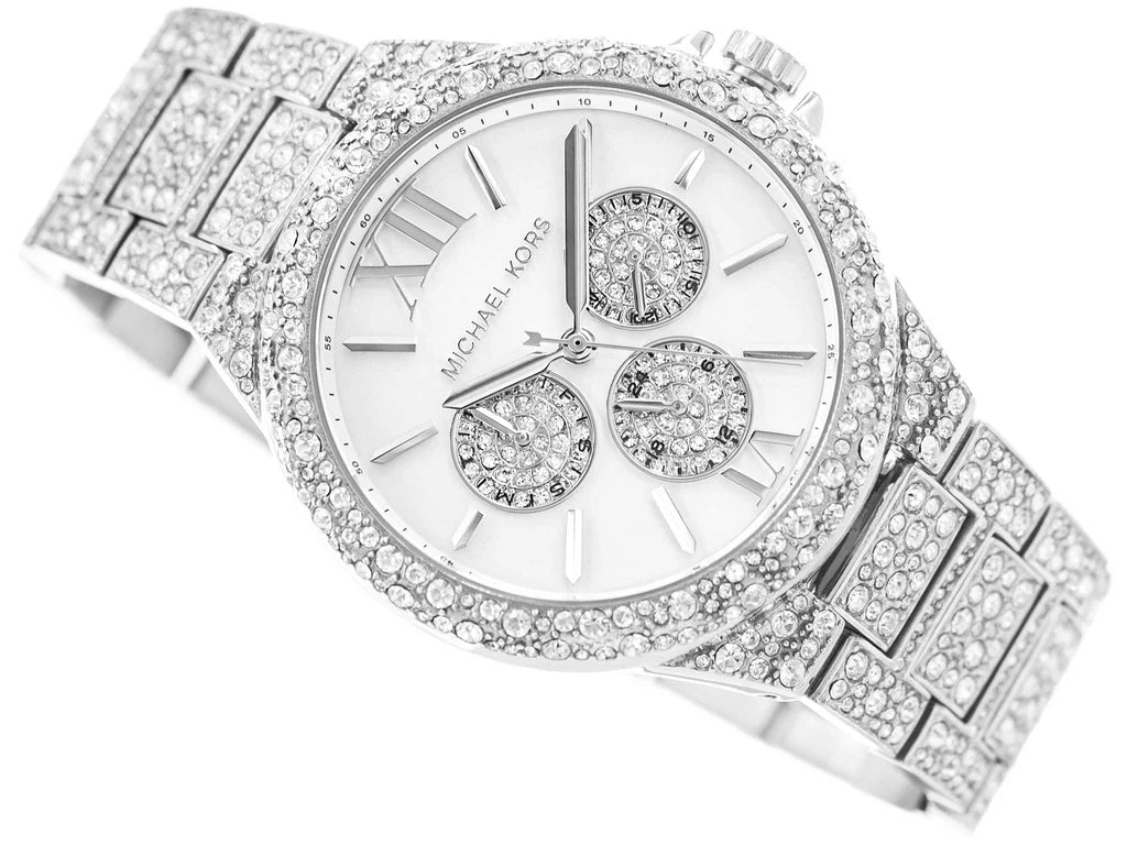 Michael Kors Camille Women’s Chronograph Watch – Silver Stainless Steel with Crystal Accents | Pearl White Dial | 42mm | MK6957