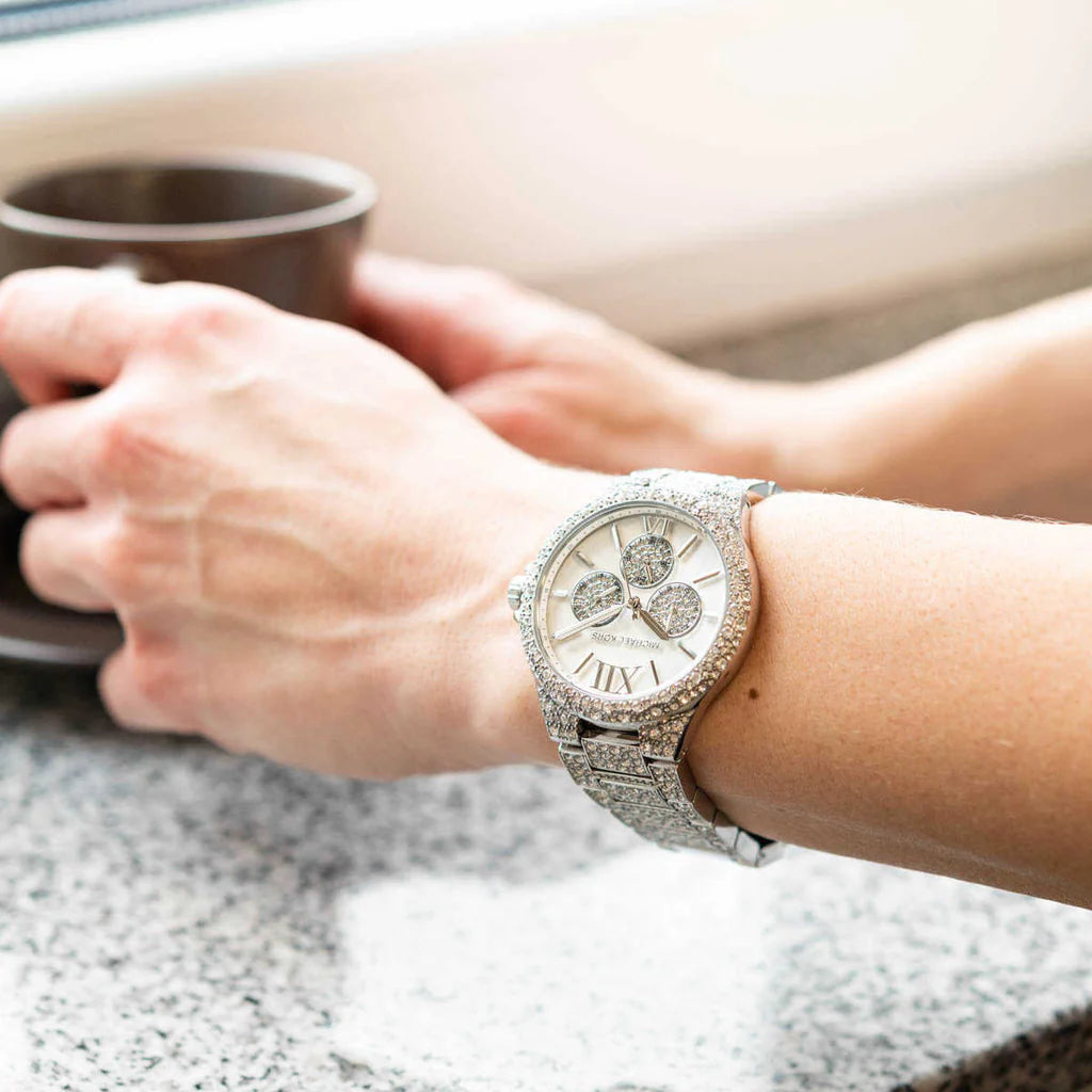 Michael Kors Camille Women’s Chronograph Watch – Silver Stainless Steel with Crystal Accents | Pearl White Dial | 42mm | MK6957