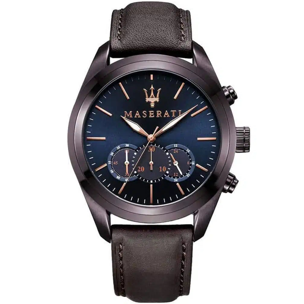 Maserati Traguardo Men’s Quartz Watch – Blue Dial, Brown Genuine Leather Strap, 45mm – R8871612008