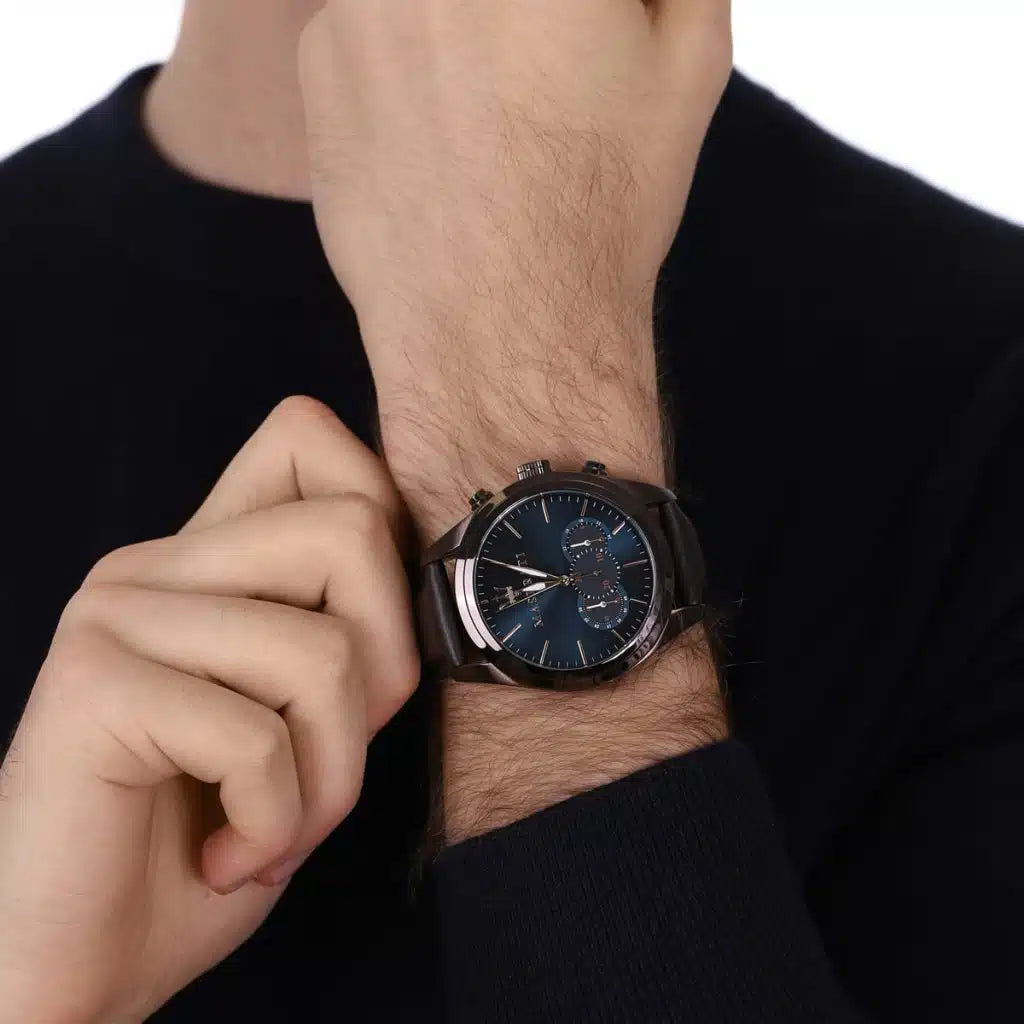 Maserati Traguardo Men’s Quartz Watch – Blue Dial, Brown Genuine Leather Strap, 45mm – R8871612008