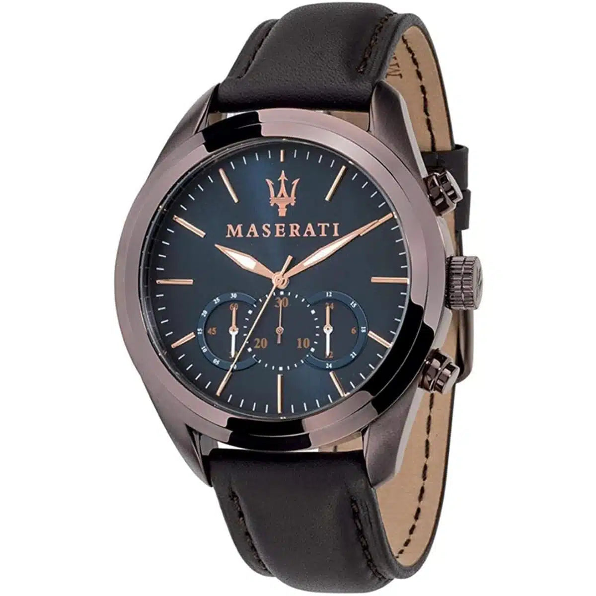 Maserati Traguardo Men’s Quartz Watch – Blue Dial, Brown Genuine Leather Strap, 45mm – R8871612008