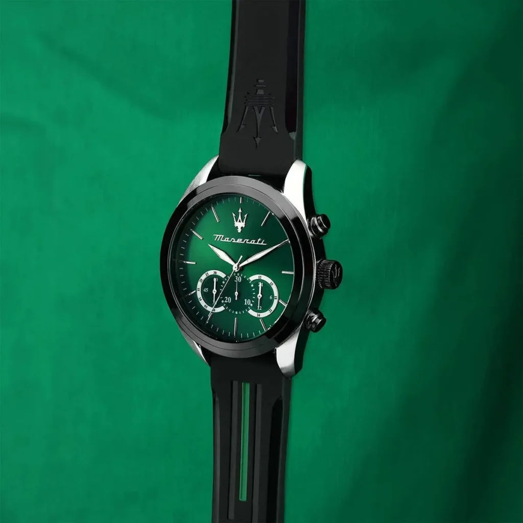 Maserati R8871612043 Men’s Watch – Traguardo Green Dial Sport Watch with Black Rubber Strap