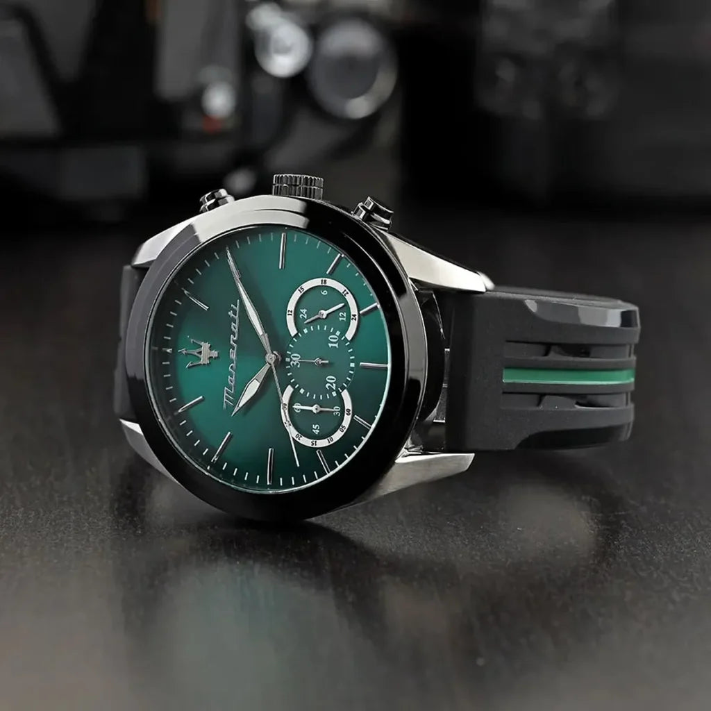 Maserati R8871612043 Men’s Watch – Traguardo Green Dial Sport Watch with Black Rubber Strap
