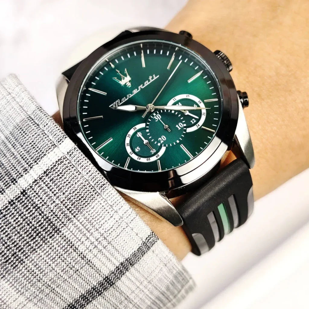 Maserati R8871612043 Men’s Watch – Traguardo Green Dial Sport Watch with Black Rubber Strap