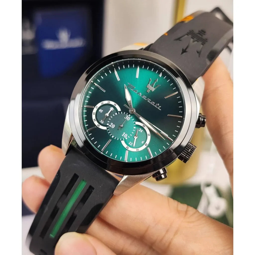 Maserati R8871612043 Men’s Watch – Traguardo Green Dial Sport Watch with Black Rubber Strap