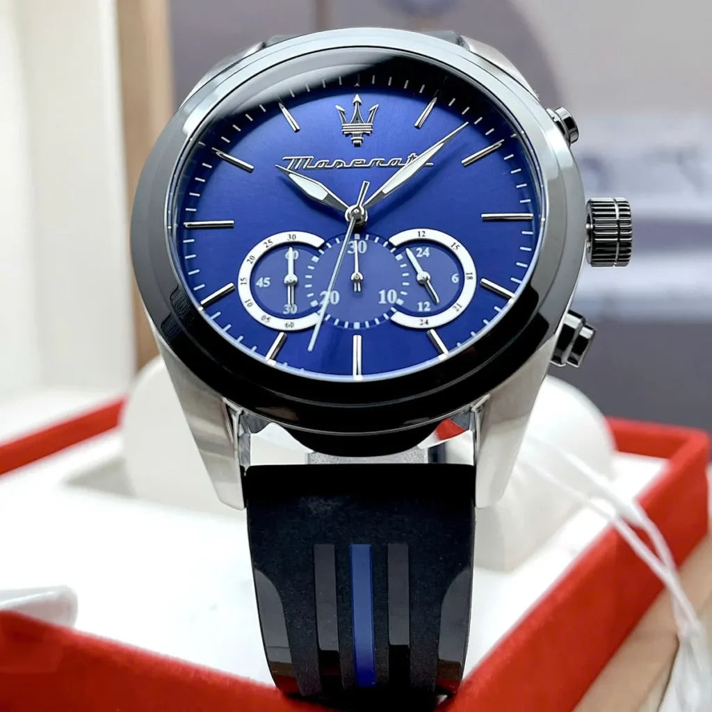 Maserati R8871612044 Men’s Watch – Traguardo Blue Dial Sport Watch with Black Silicone Strap