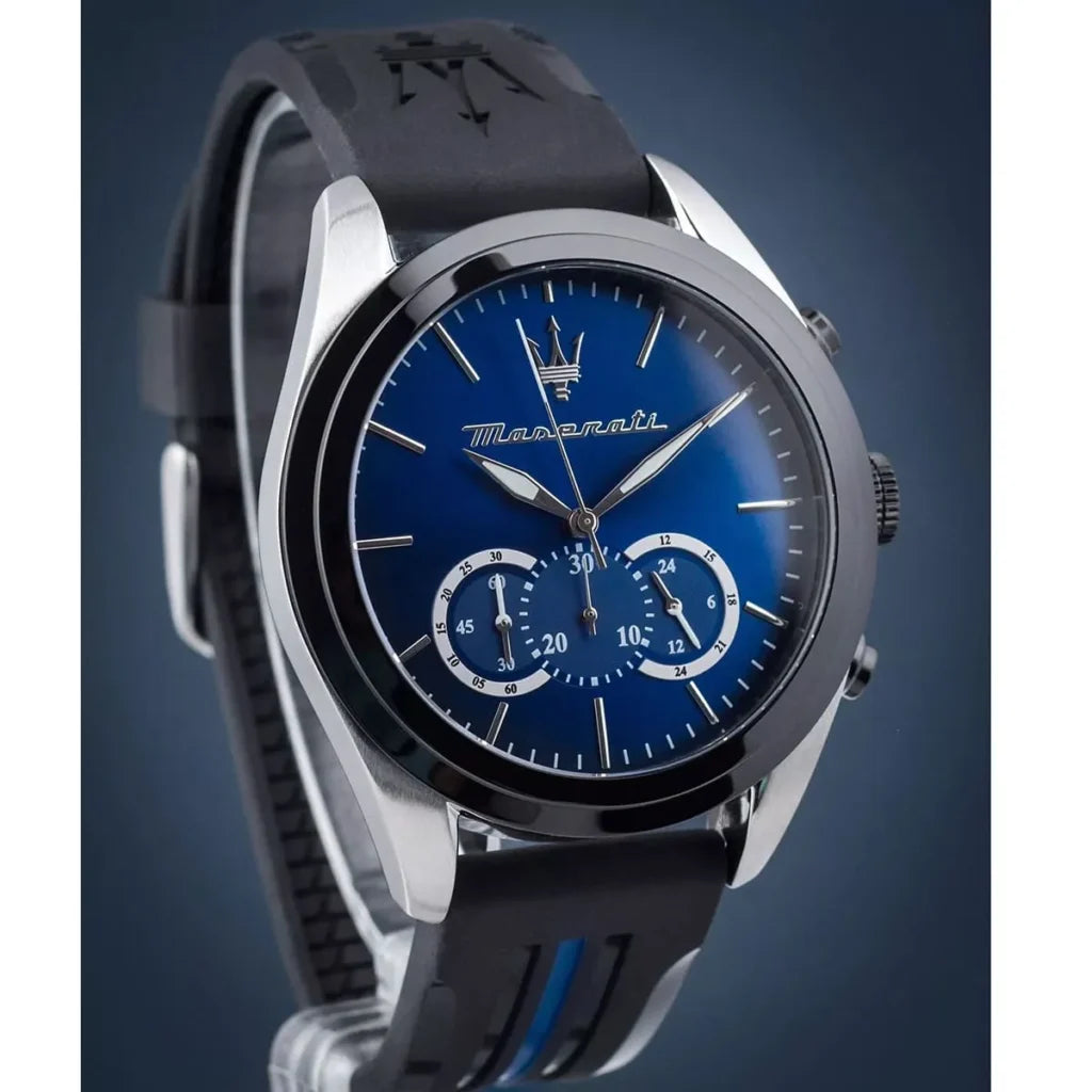 Maserati R8871612044 Men’s Watch – Traguardo Blue Dial Sport Watch with Black Silicone Strap