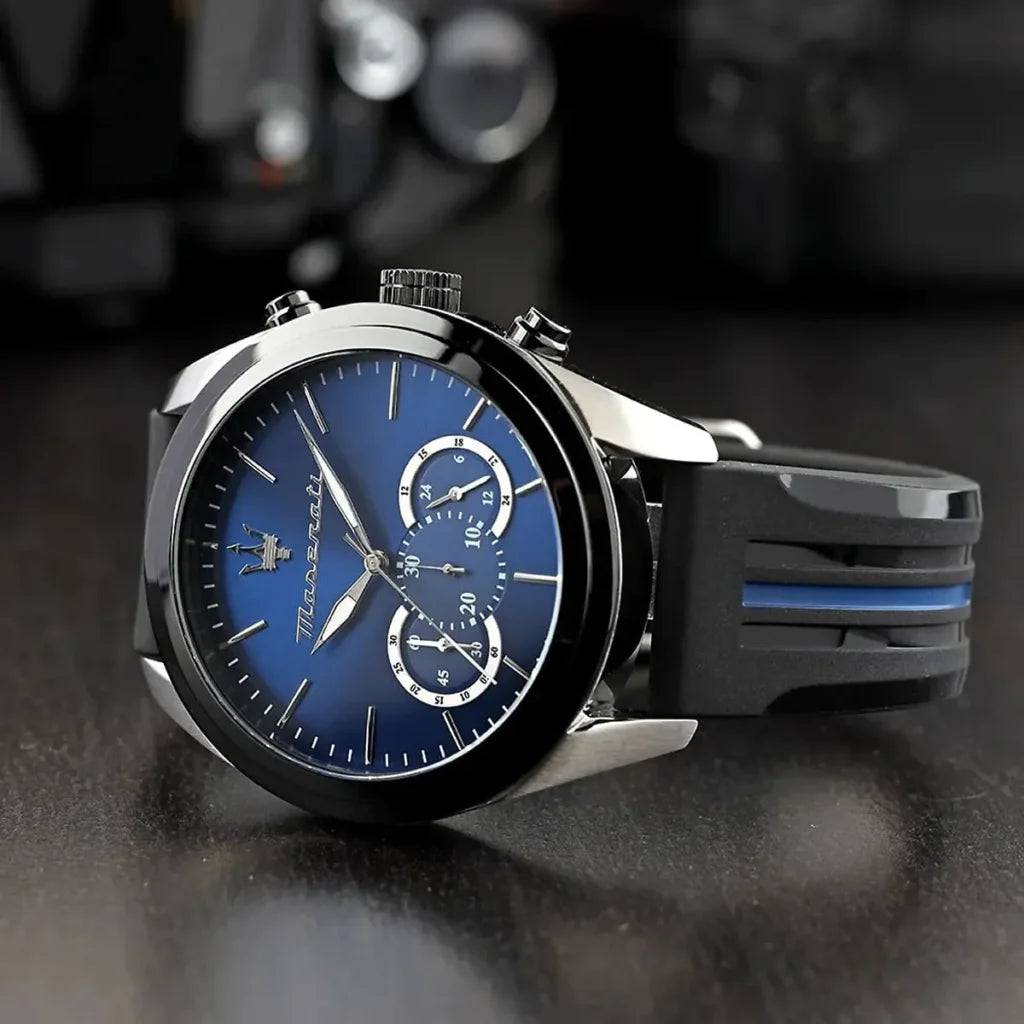 Maserati R8871612044 Men’s Watch – Traguardo Blue Dial Sport Watch with Black Silicone Strap