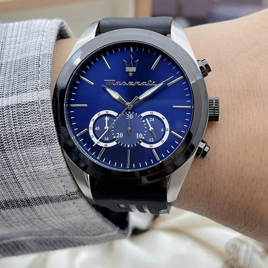 Maserati R8871612044 Men’s Watch – Traguardo Blue Dial Sport Watch with Black Silicone Strap