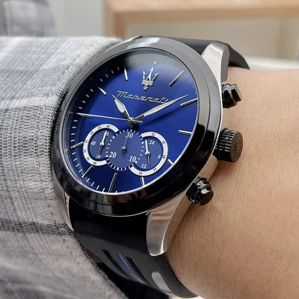 Maserati R8871612044 Men’s Watch – Traguardo Blue Dial Sport Watch with Black Silicone Strap