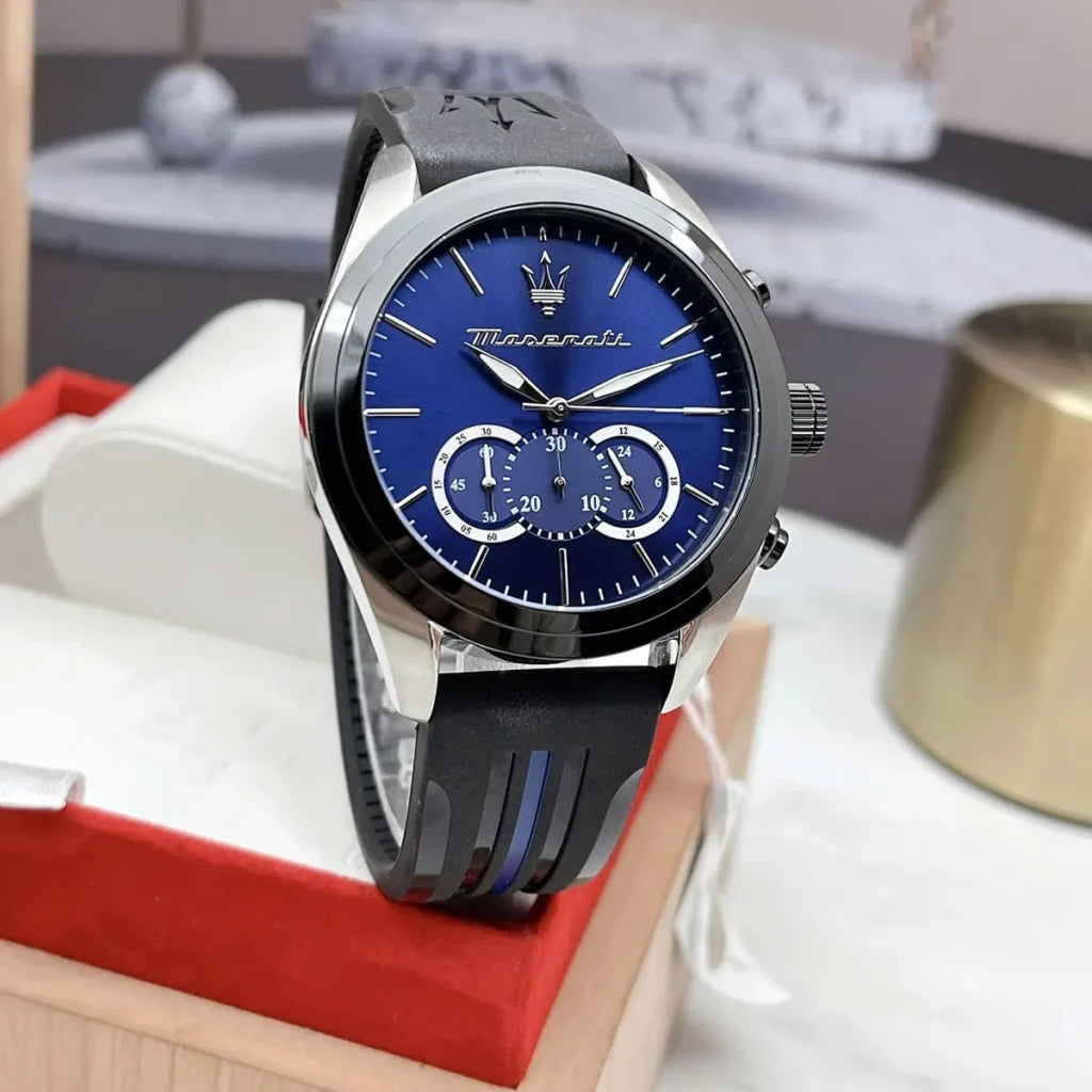 Maserati R8871612044 Men’s Watch – Traguardo Blue Dial Sport Watch with Black Silicone Strap