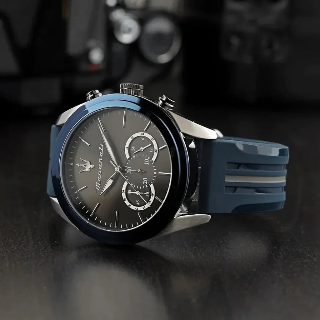 Maserati R8871612046 Men’s Watch – Traguardo Black Dial Sport Watch with Blue Silicone Strap