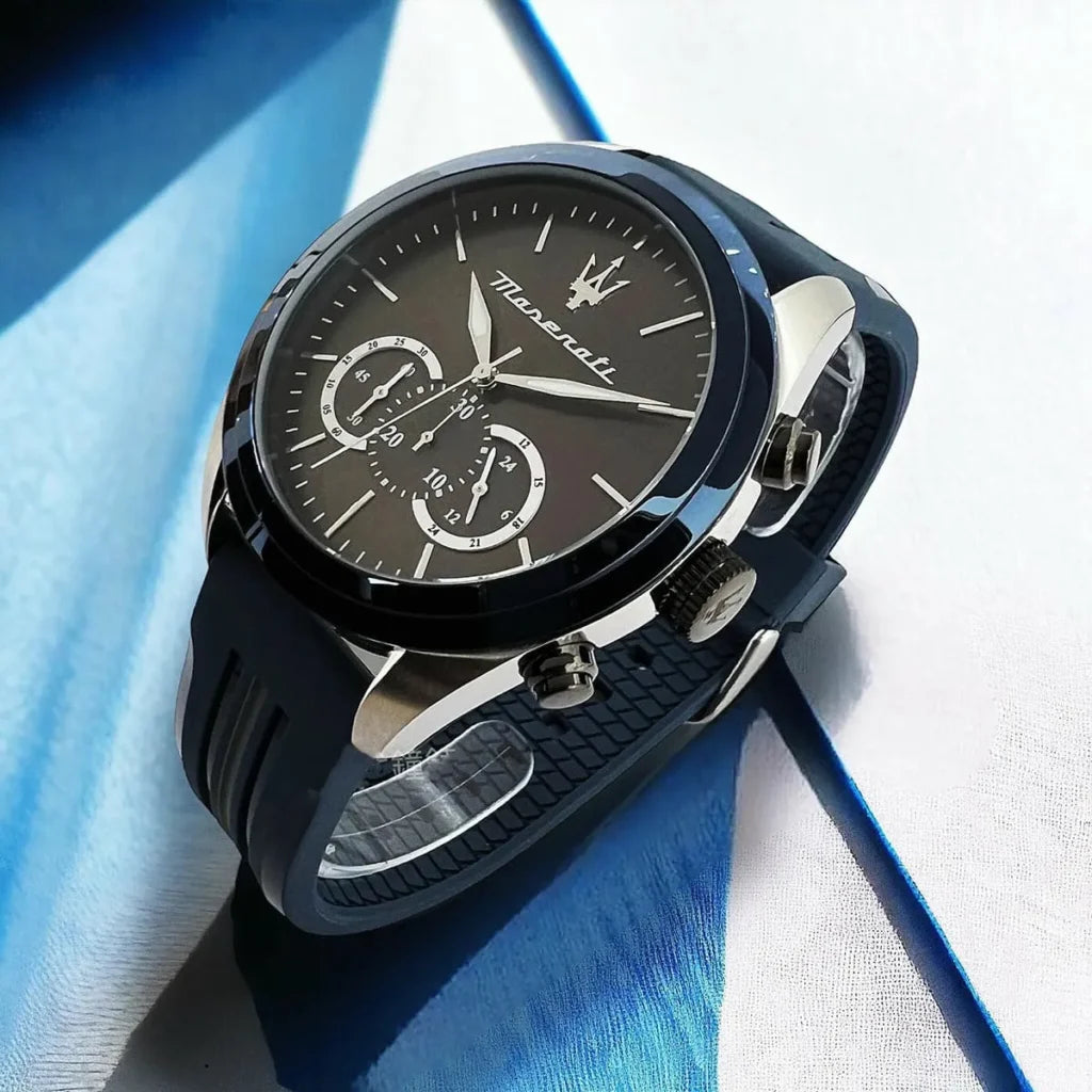 Maserati R8871612046 Men’s Watch – Traguardo Black Dial Sport Watch with Blue Silicone Strap