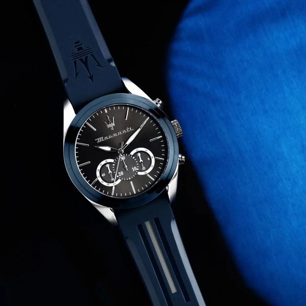 Maserati R8871612046 Men’s Watch – Traguardo Black Dial Sport Watch with Blue Silicone Strap