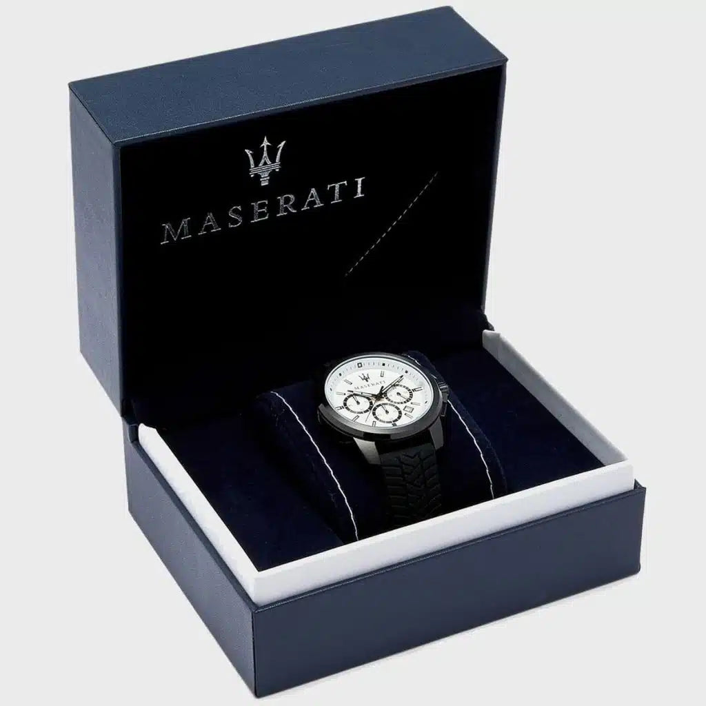 Maserati R8871621010 Successo Watch – White Dial, Black Rubber Strap, 100M Water Resistant (44mm)