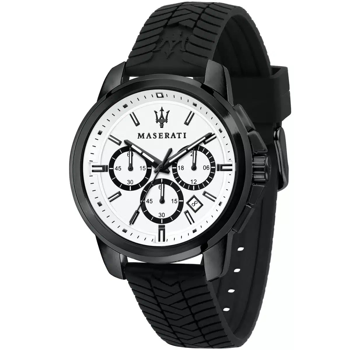 Maserati R8871621010 Successo Watch – White Dial, Black Rubber Strap, 100M Water Resistant (44mm)