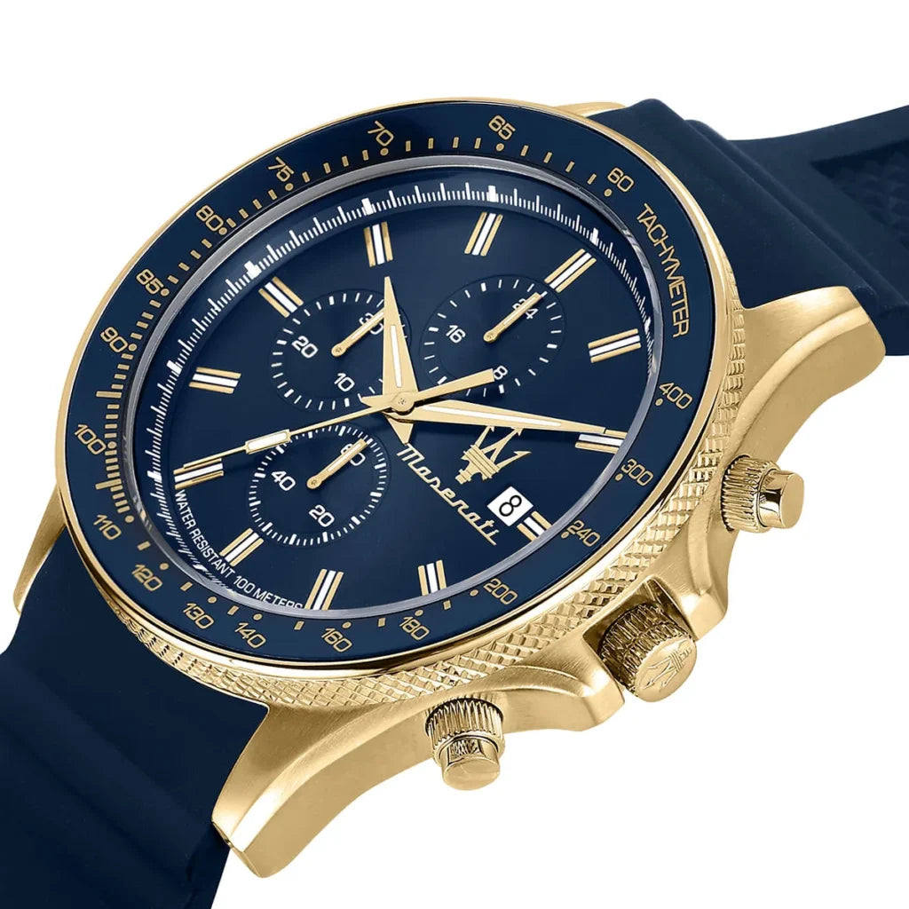 Maserati Sfida Men’s Quartz Chronograph Watch – Blue Dial, Silicone Strap, 44mm – R8871640004