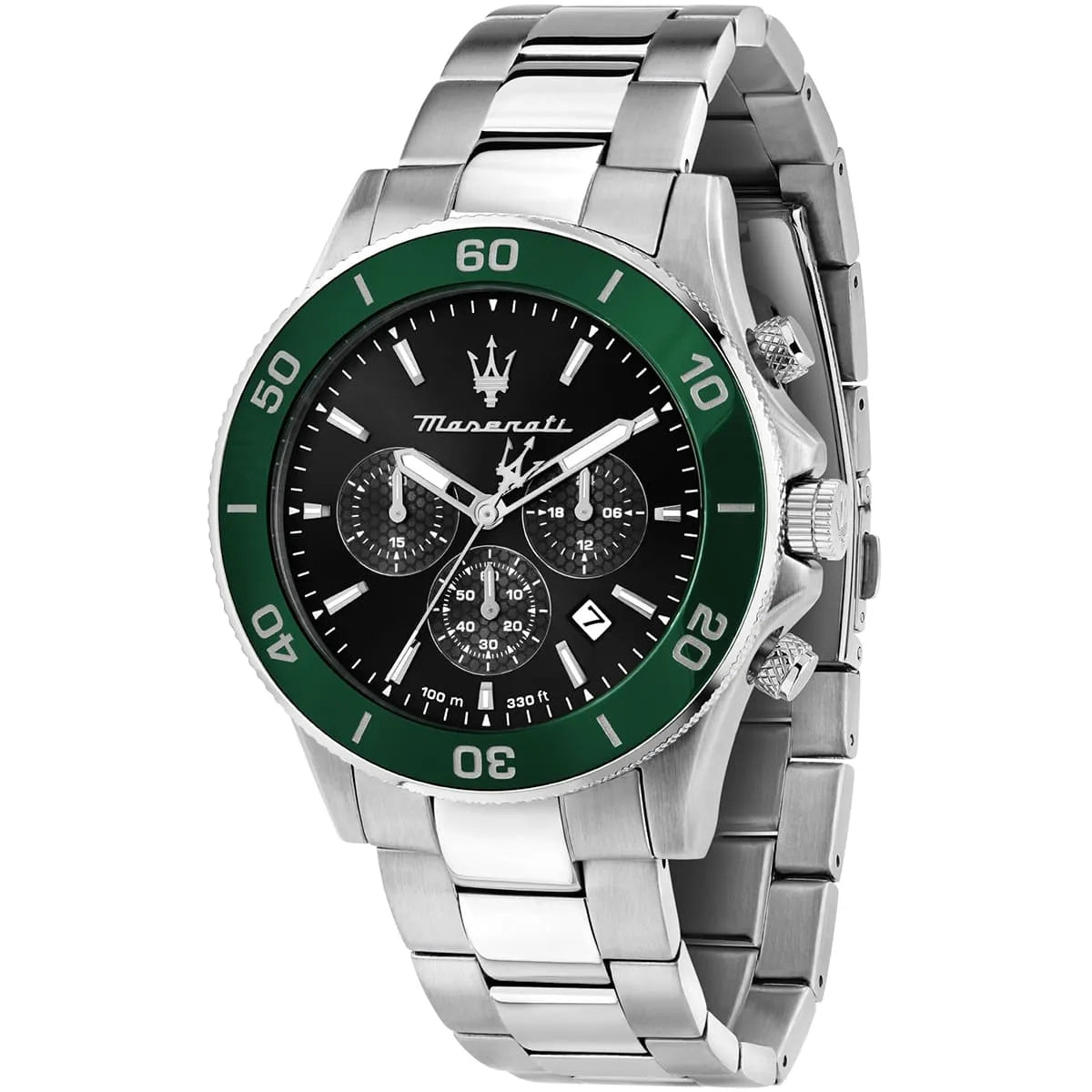 Maserati Competizione Men's Watch R8873600008, Silver Stainless Steel with Green Bezel