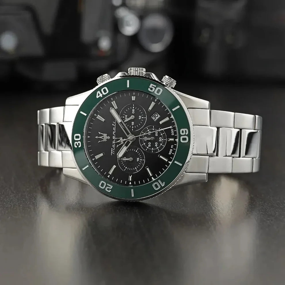 Maserati Competizione Men's Watch R8873600008, Silver Stainless Steel with Green Bezel
