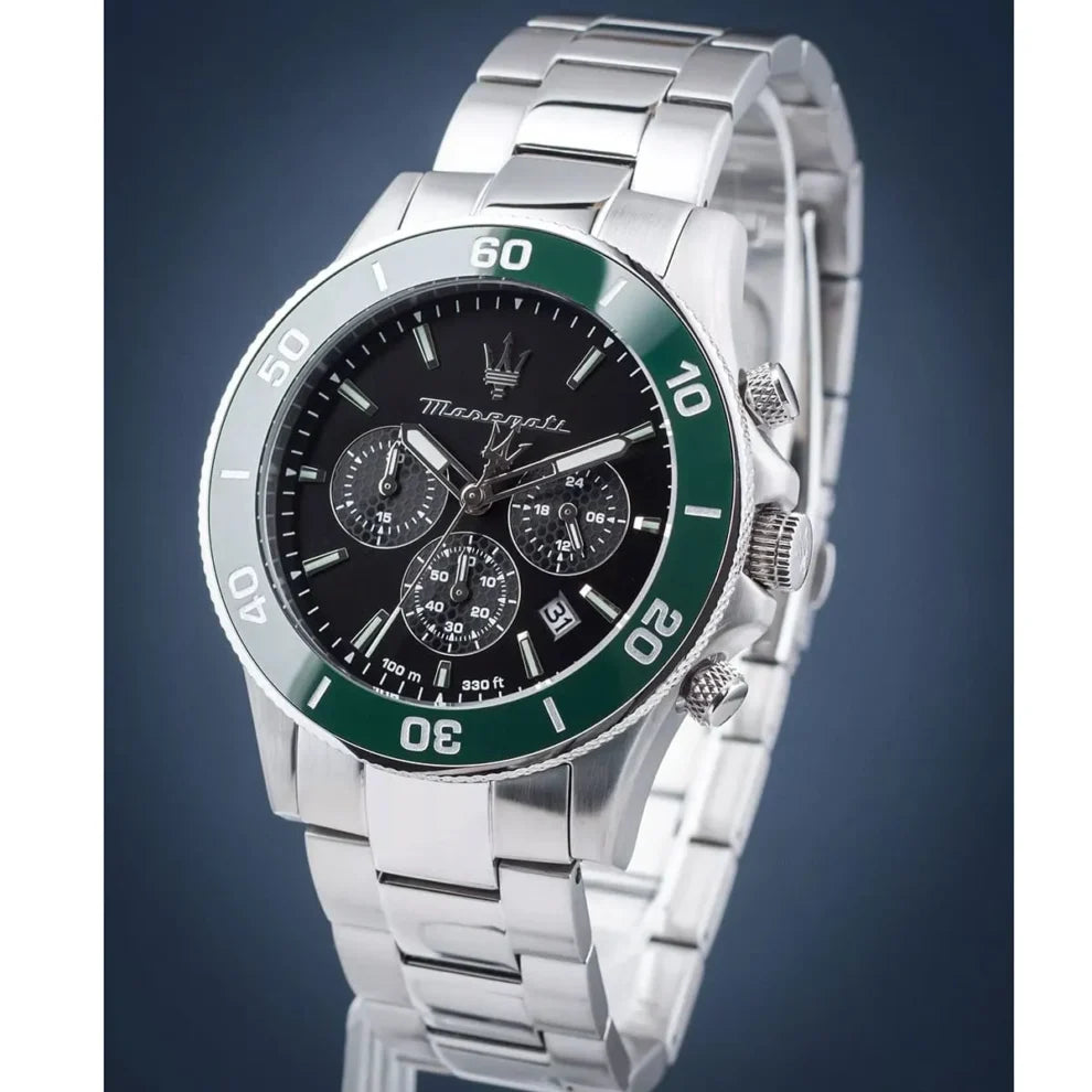 Maserati Competizione Men's Watch R8873600008, Silver Stainless Steel with Green Bezel
