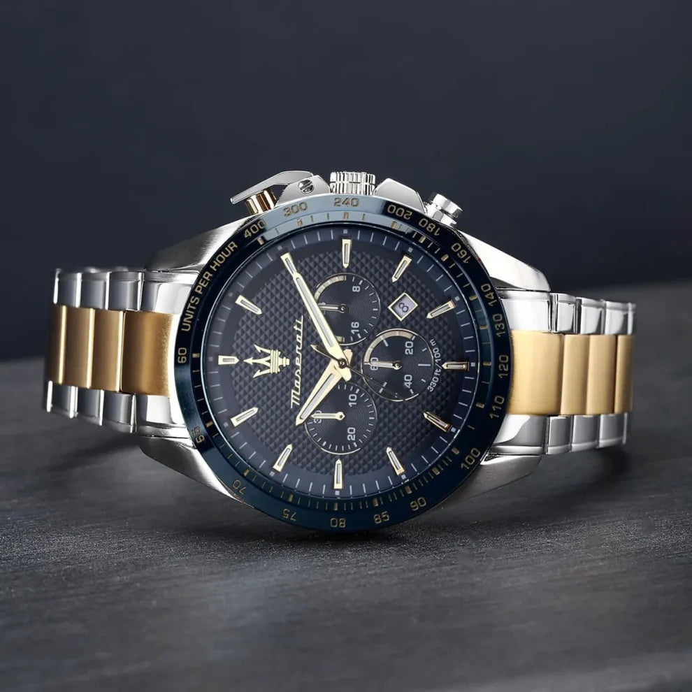 Maserati Traguardo R8873612046 Men's Chronograph Watch – Blue Dial, Two-Tone Stainless Steel Strap, 100M Water Resistant