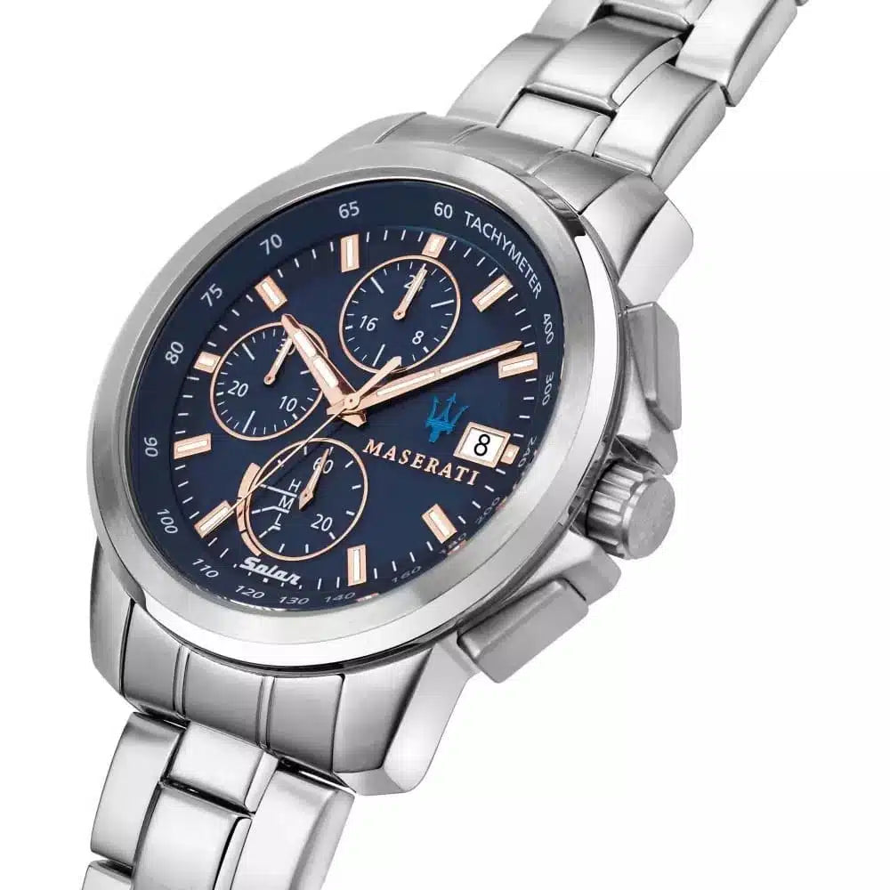 Maserati R8873645004 Successo Solar Watch – Blue Dial, Silver Stainless Steel Strap, Solar Quartz (45mm)