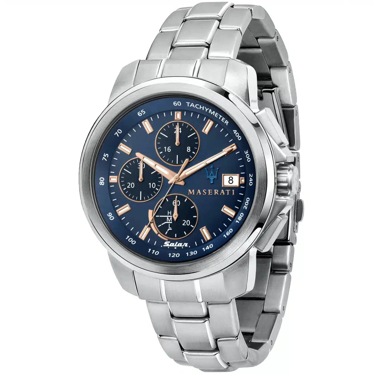Maserati R8873645004 Successo Solar Watch – Blue Dial, Silver Stainless Steel Strap, Solar Quartz (45mm)