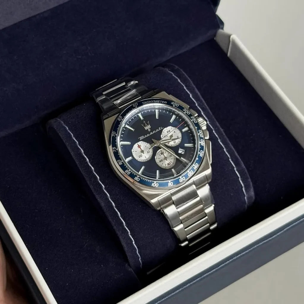Maserati R8873652005 Velocita Watch – Blue Dial, Silver Stainless Steel Strap, 100M Water Resistant (43mm)