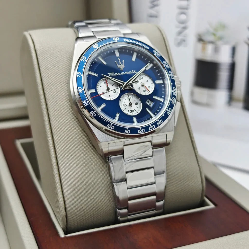 Maserati R8873652005 Velocita Watch – Blue Dial, Silver Stainless Steel Strap, 100M Water Resistant (43mm)