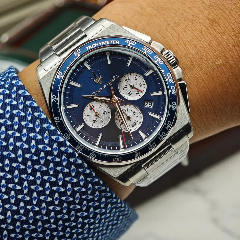 Maserati R8873652005 Velocita Watch – Blue Dial, Silver Stainless Steel Strap, 100M Water Resistant (43mm)