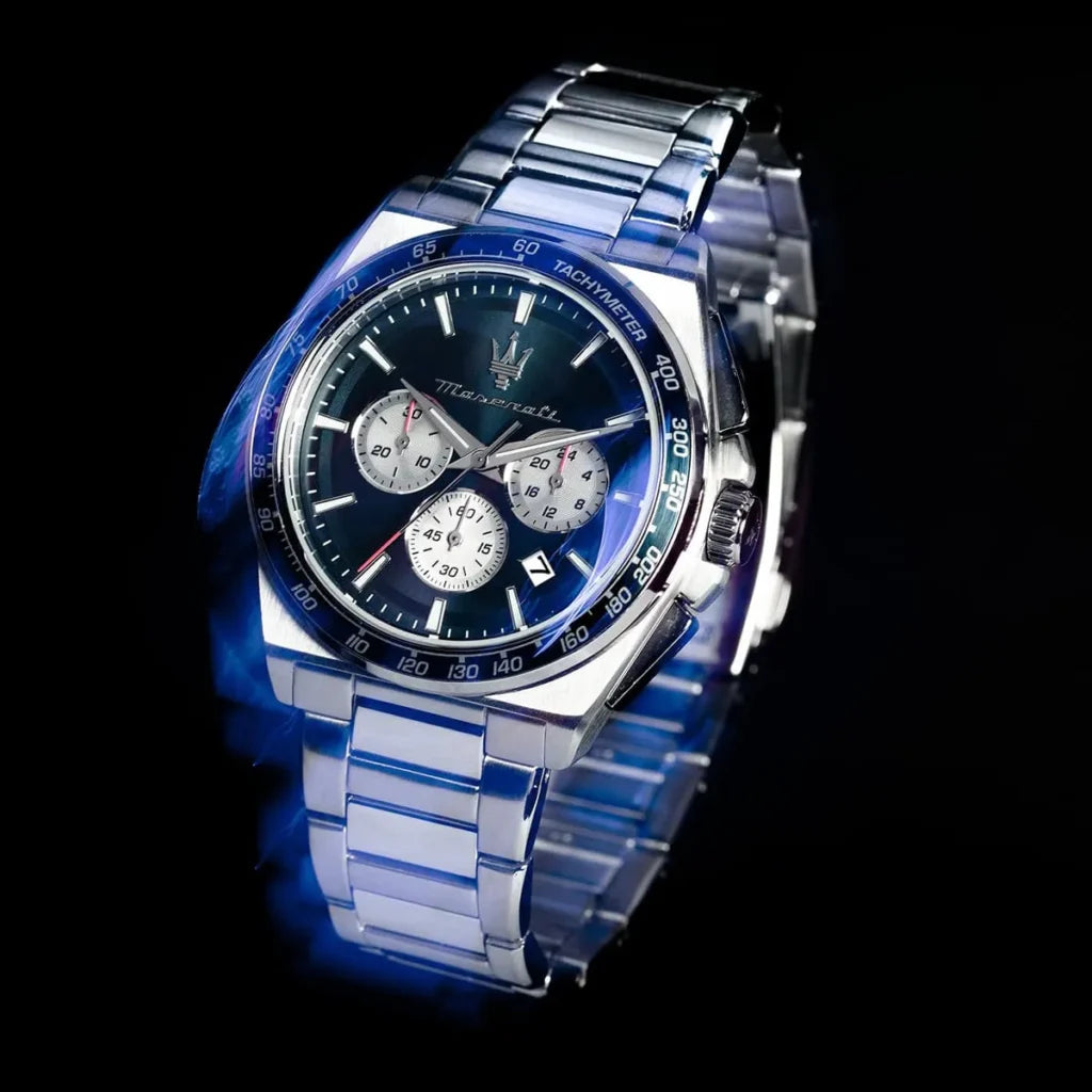 Maserati R8873652005 Velocita Watch – Blue Dial, Silver Stainless Steel Strap, 100M Water Resistant (43mm)