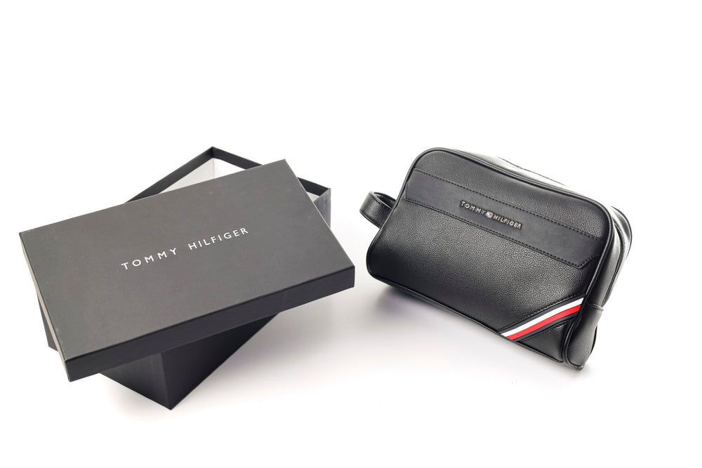 Tommy Hilfiger Polished Black Men’s Pouch With Corner Stripe #41