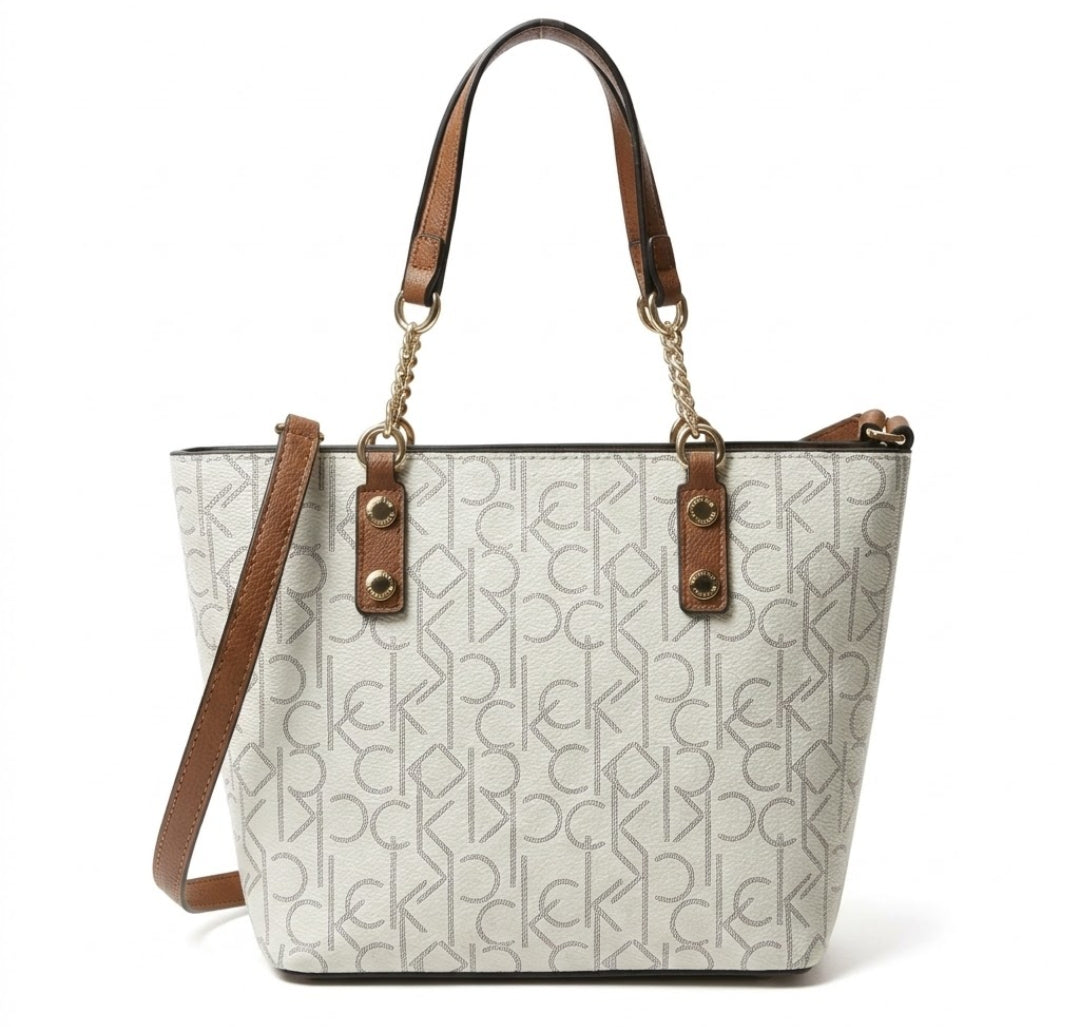 Calvin Klein Medium Tote Bag – White Monogram Logo Design, Chic Modern Aesthetic #1