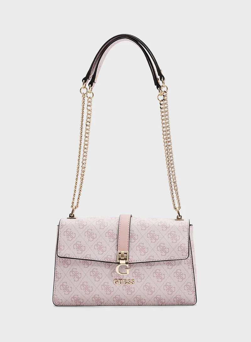 Guess Logo Print Crossbody Bag – Soft Pink Monogram, Elegant Gold-Tone Chain #4