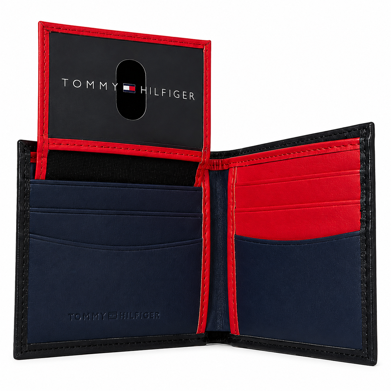 Tommy Hilfiger Men's Bifold Leather Wallet – Black, Red & Navy #005