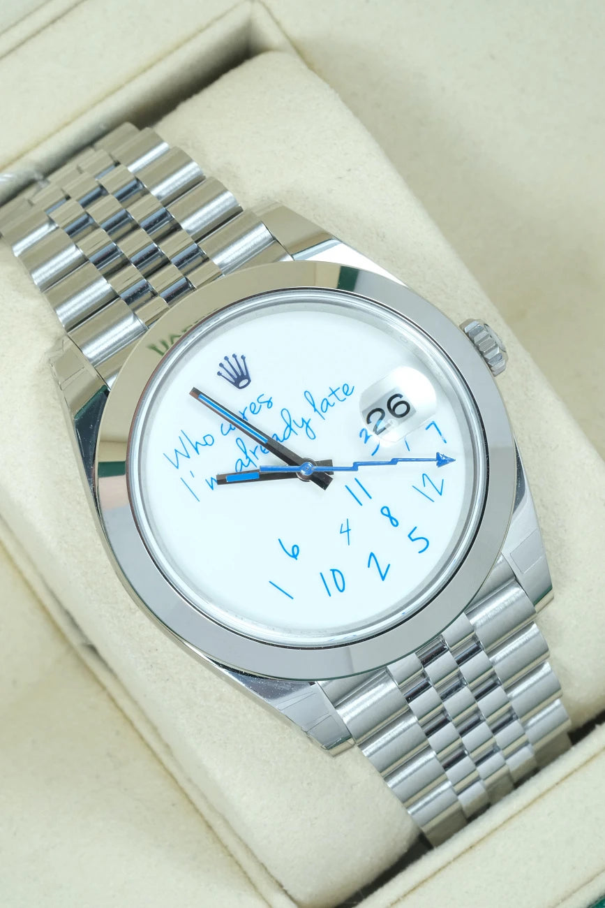 "Who Cares" Custom Dial Silver Watch – Royal Blue Details