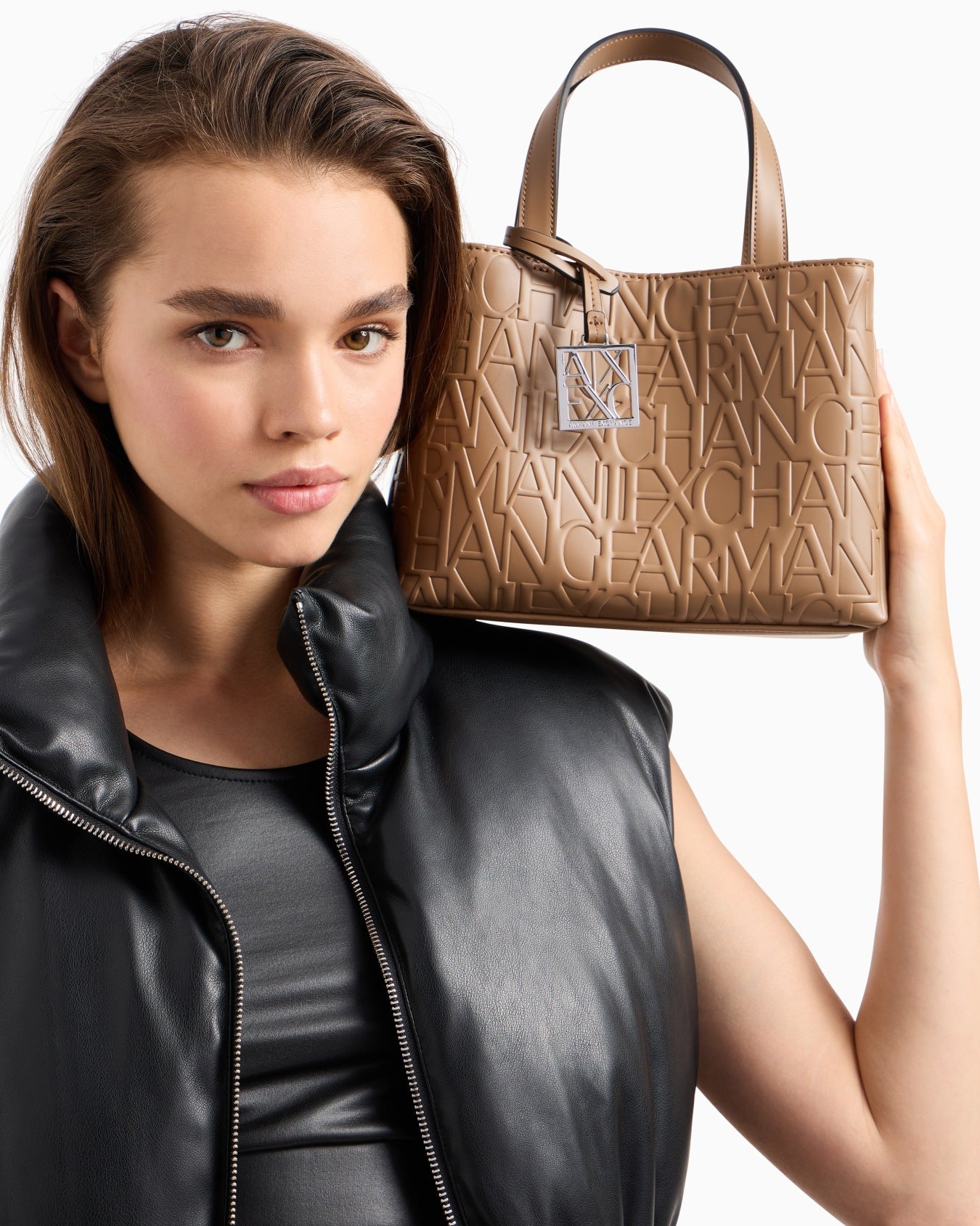 A|X Armani Exchange Medium Tote – Beige Embossed Logo Elegant #11