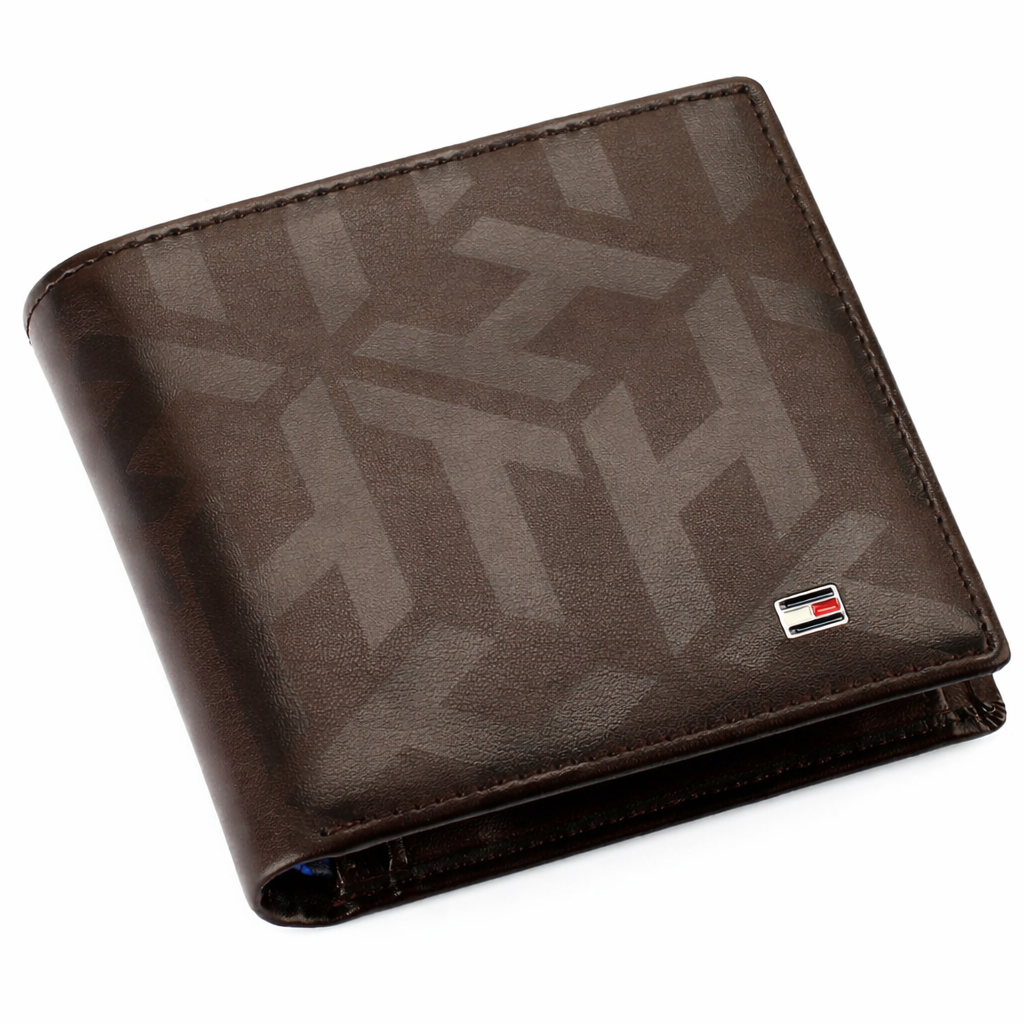 TH Men’s Leather Bifold Deep Brown with Monogram Print Wallet #59