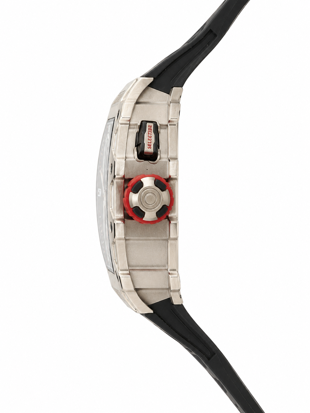 Richard Mille Luxury Silver Skeleton Sports Watch – Red Crown & Black Rubber Strap