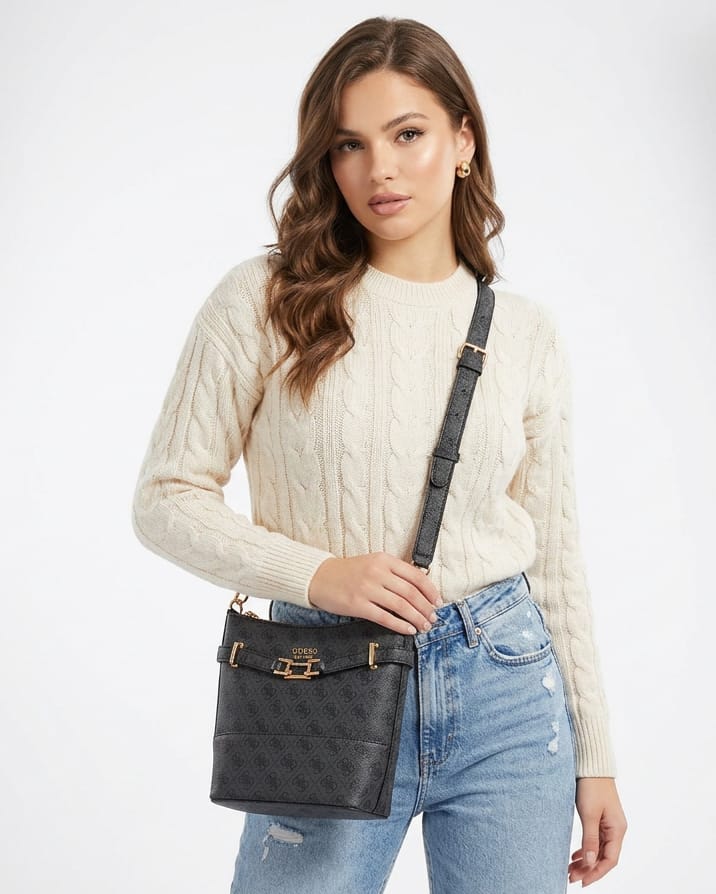 Guess Monogram Bucket Bag – Charcoal Logo Design, Gold-Tone Chain Handle #2
