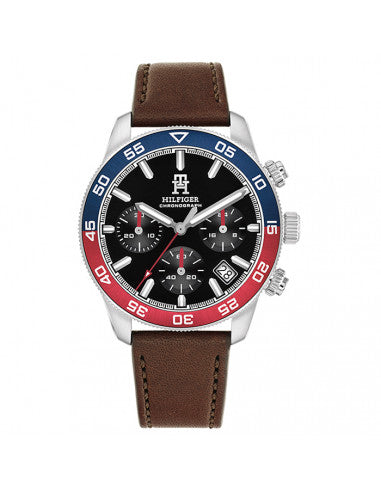 Tommy Hilfiger Men’s 1792166 Chronograph Watch – Brown Leather & Pepsi Bezel