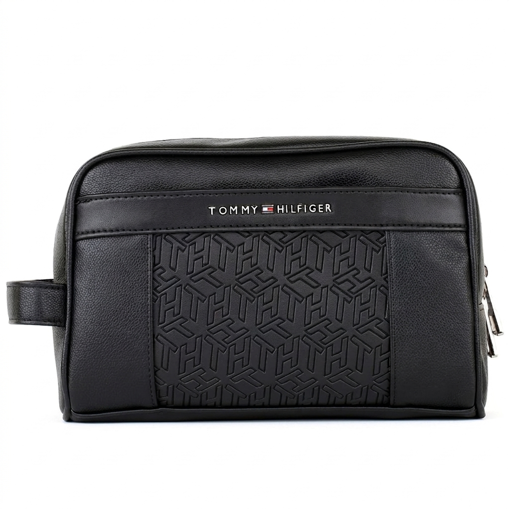 Tommy Hilfiger Polished Black Men’s Pouch With Monogram Pattern #42
