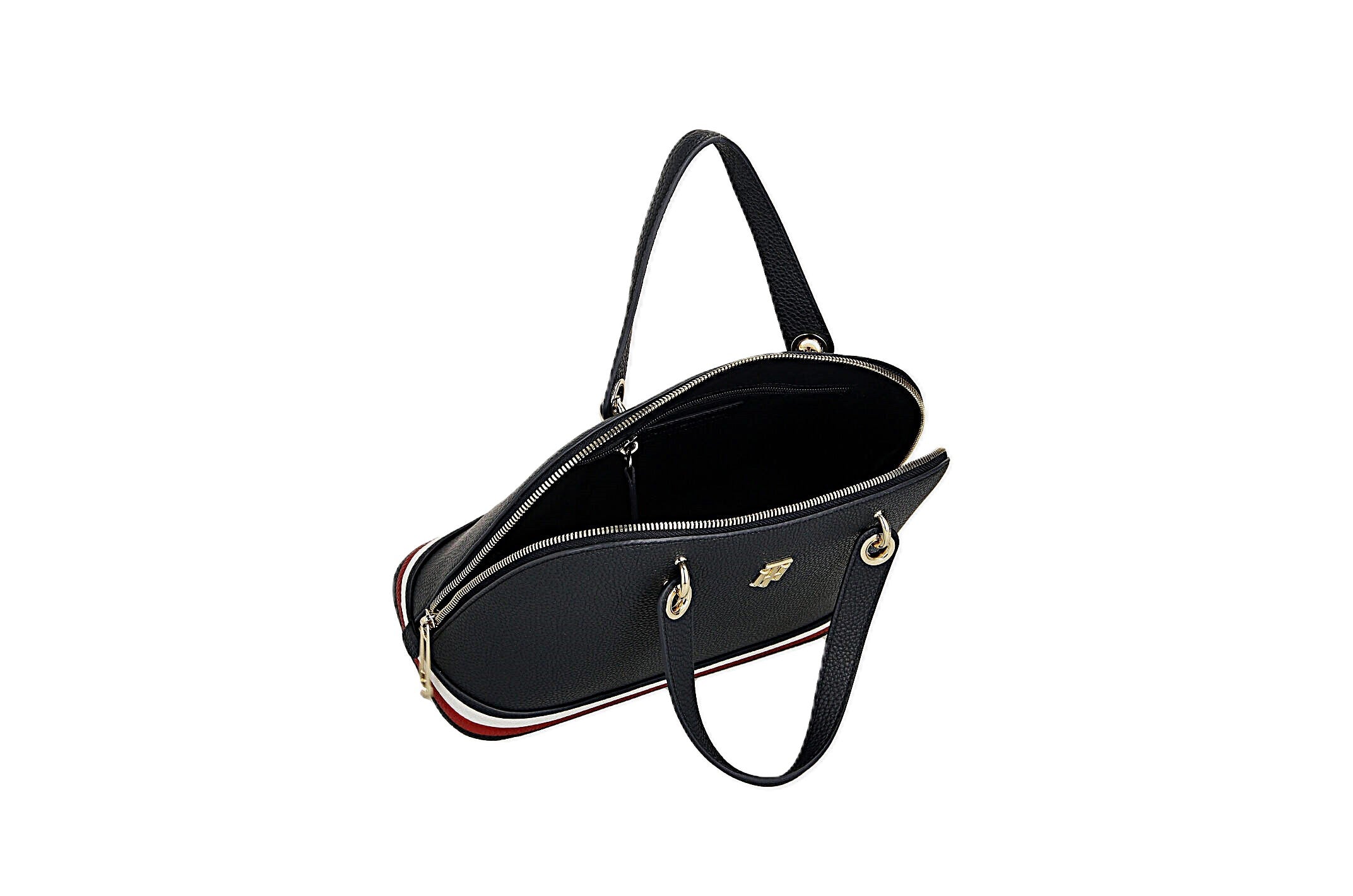 Tommy Hilfiger Signature Dome Satchel – Black Grained Leather, Heritage Stripe Base & Gold TH Monogram #1