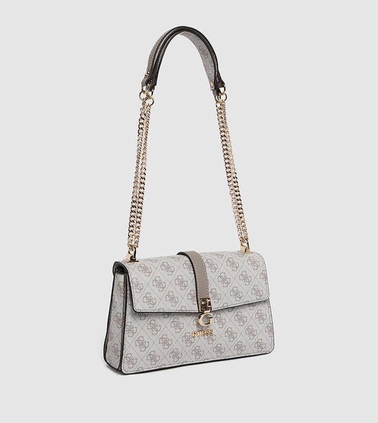 Guess Logo Print Flap Shoulder Bag – Stone & Grey #37