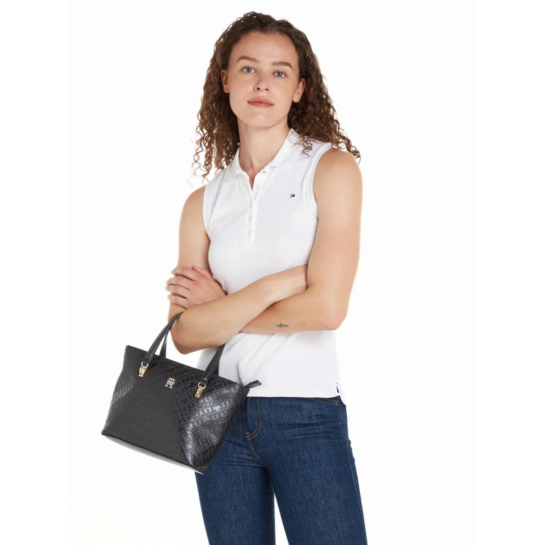 Tommy Hilfiger Embossed Monogram Tote Bag – Classic Black, Sophisticated Dual-Strap Design #01