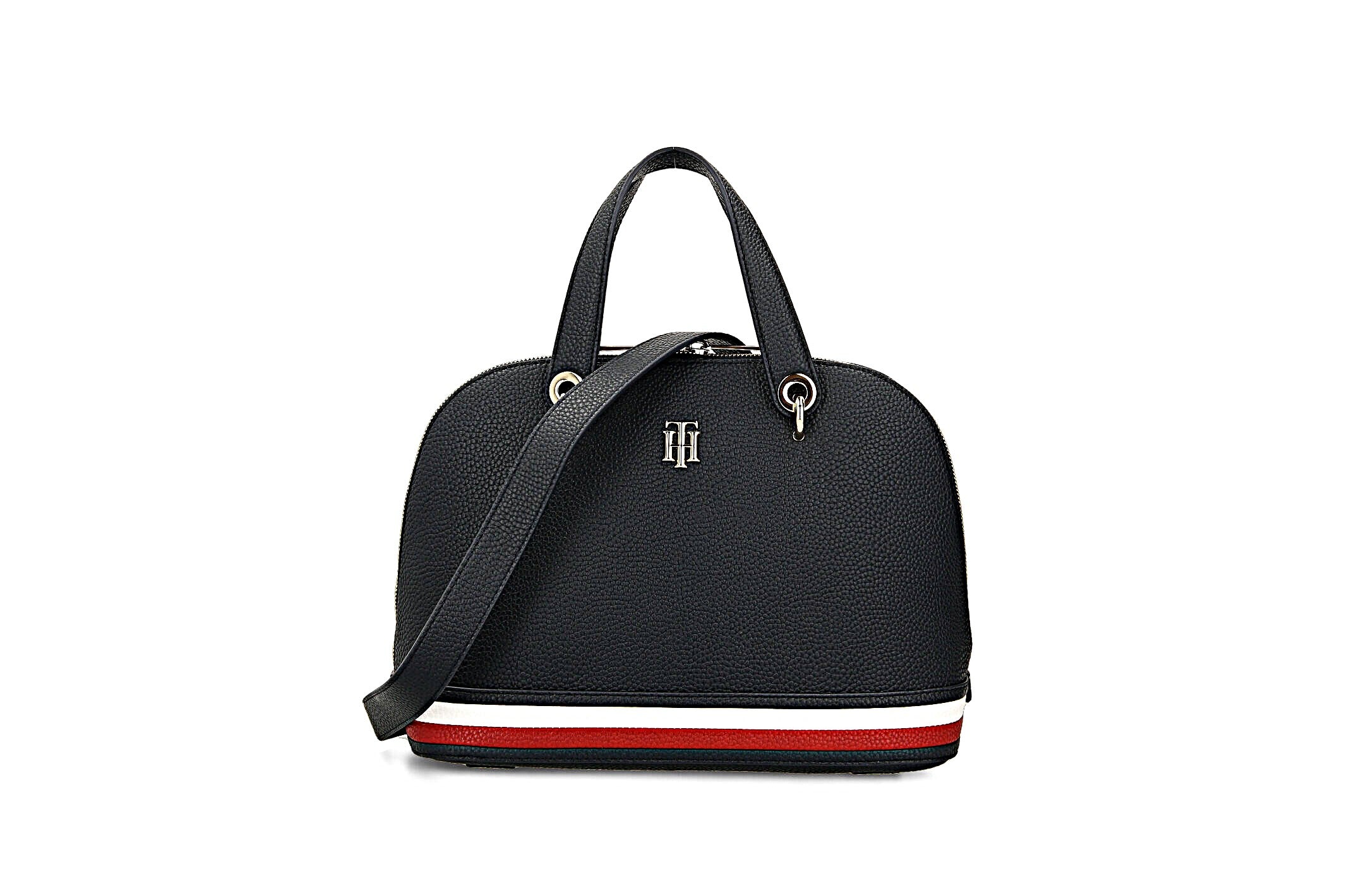 Tommy Hilfiger Signature Dome Satchel – Black Grained Leather, Heritage Stripe Base & Gold TH Monogram #1