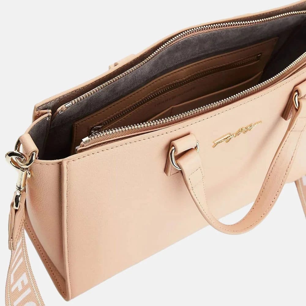 Tommy Hilfiger Elegant Nude Satchel Bag with Logo Webbing Strap #58