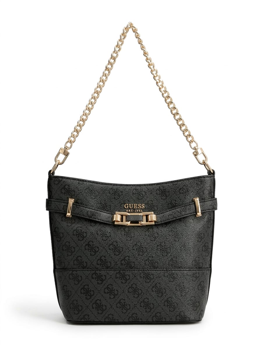 Guess Monogram Bucket Bag – Charcoal Logo Design, Gold-Tone Chain Handle #2