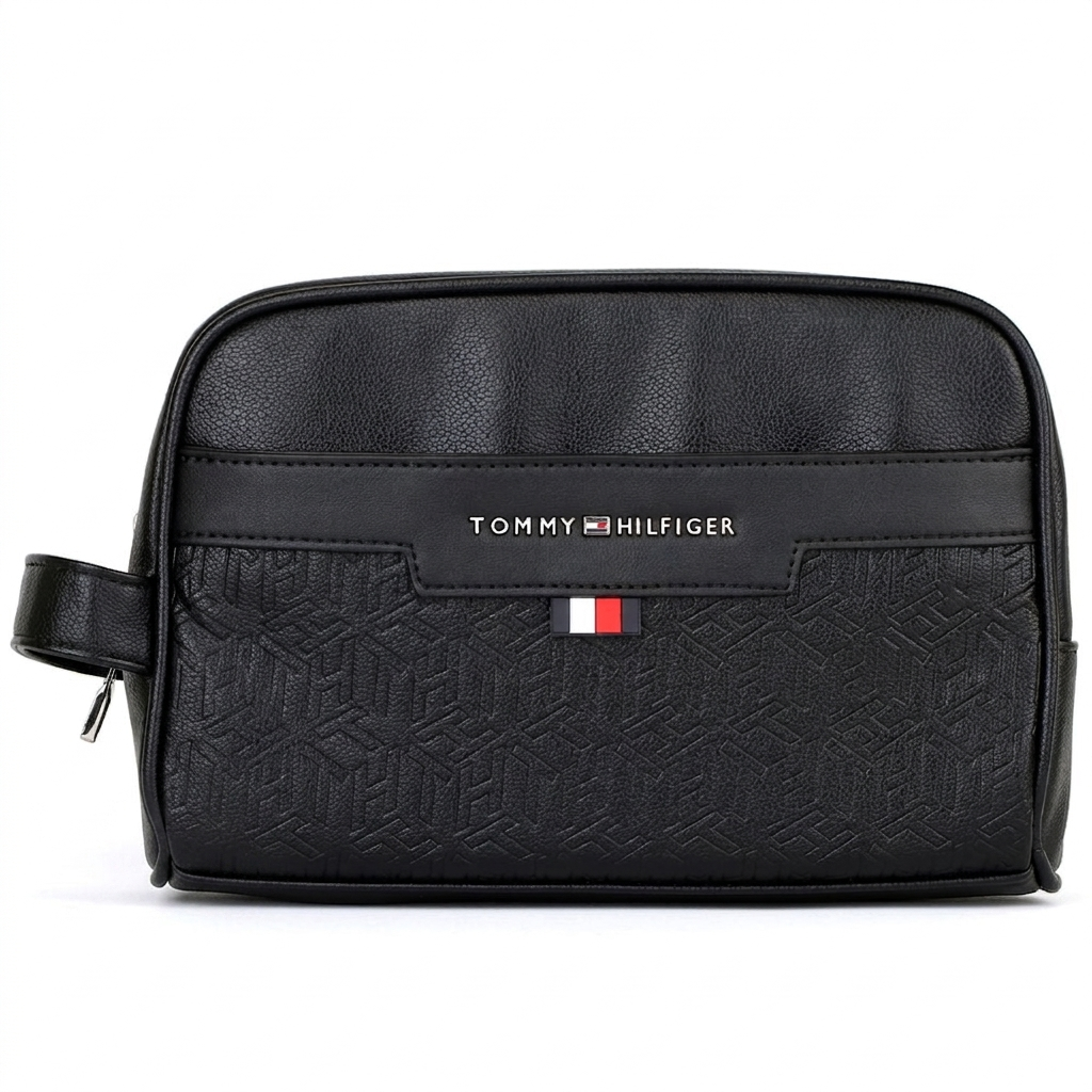 Tommy Hilfiger Polished Black Men’s Pouch With Embossed Flag Detail #43