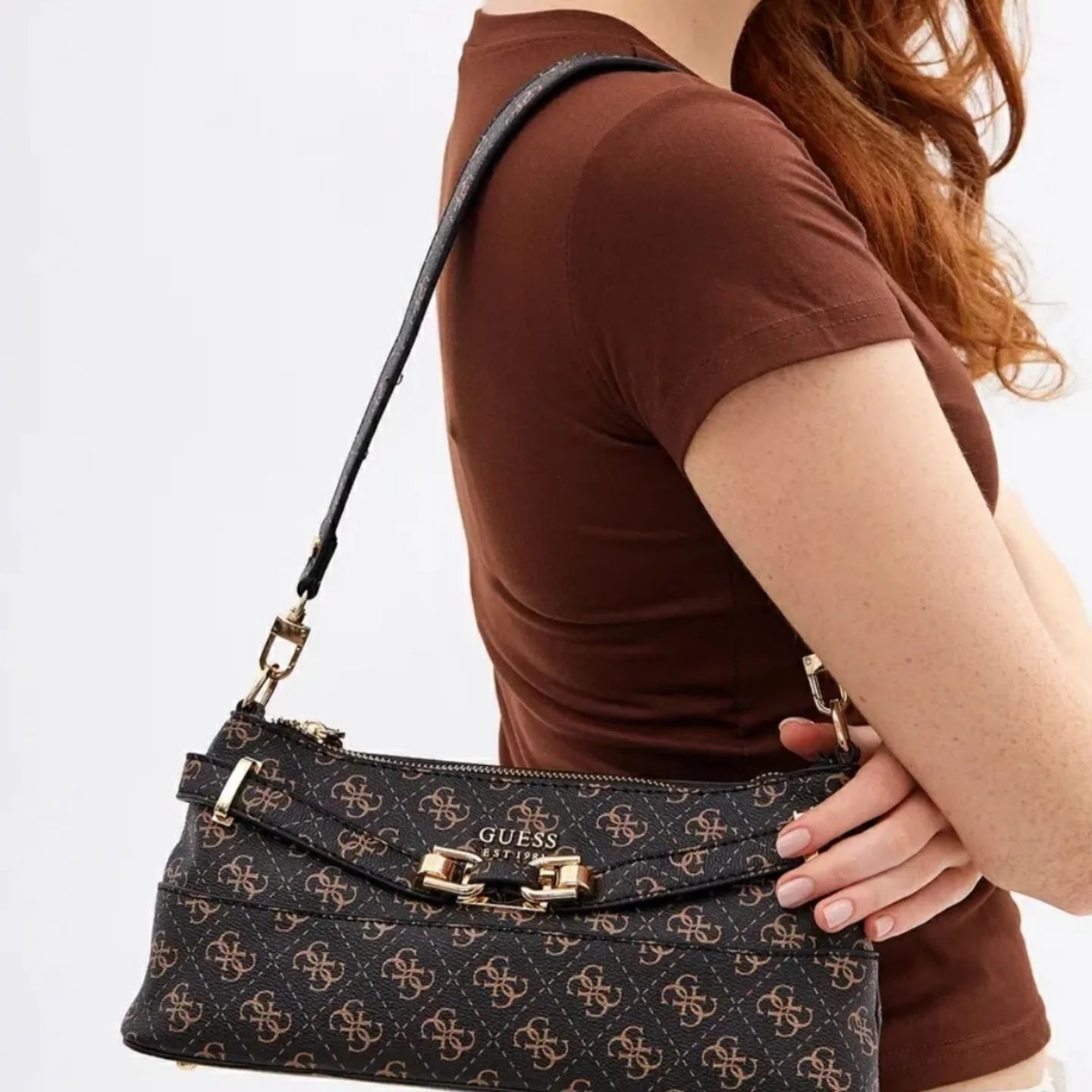 Guess Signature Brown Monogram Shoulder Bag #175